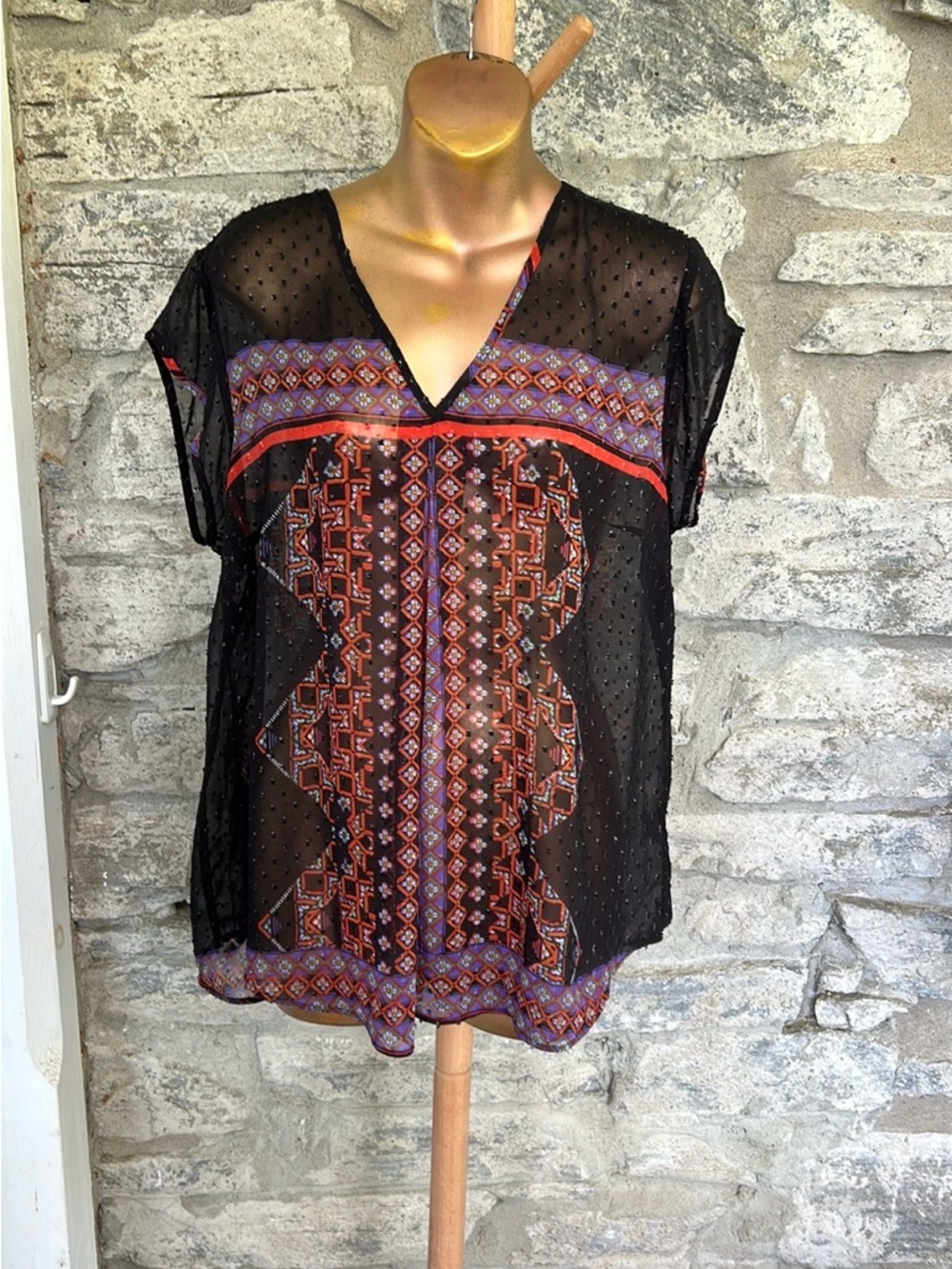 Sheer V-Neck Blouse with Multicolor Geometric  pattern